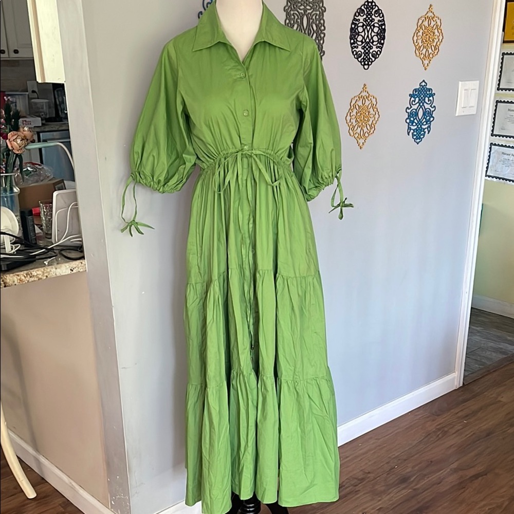 Baiia Harlow Palm Green Maxi Dress with Puff Sleeves NWT size xs